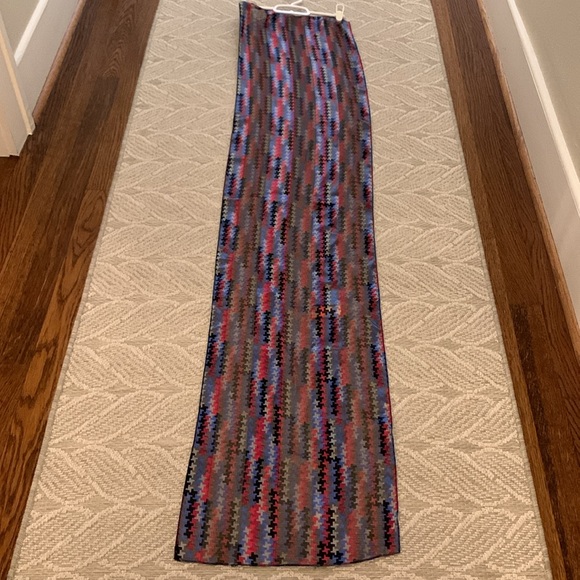 Oblong Scarf: Red, Blue, Gray, Black Design, Sheer & Opaque, 60” x 12”, Career - Picture 6 of 8